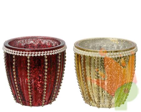 PORTA TEALIGHT IN VETRO ROSSO ORO CON PERLINE 8,5 CM 1 PZ ASSORT