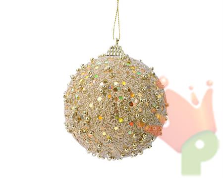 PALLINA DI NATALE ORO PAILLETTES E PERLINE 8 CM