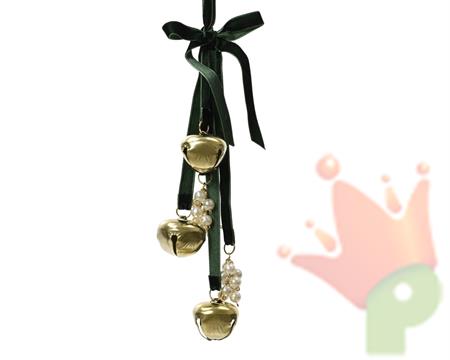 FASCIO DI VELLUTO VERDE CON SONAGLI ORO E PERLINE H.30X3,5 CM