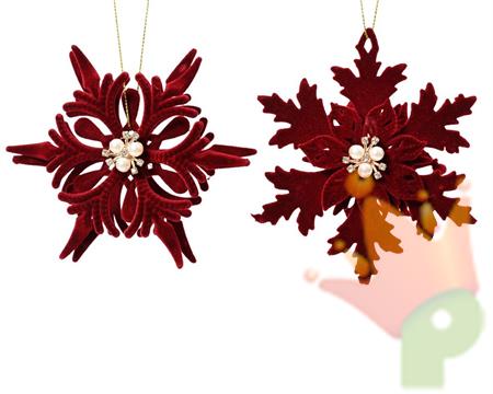 FIOCCO DI NEVE ROSSO FLOCCATO CON PERLINE H.12X2 CM 1 PZ ASSORT.