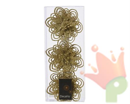 FIORE IN PLASTICA ORO GLITTER CON CLIPS 3 PZ 10 CM