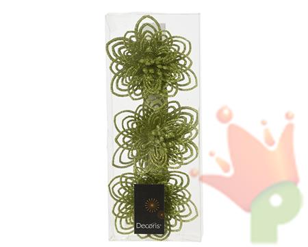 FIORE IN PLASTICA VERDE GLITTER CON CLIPS 3 PZ 10 CM