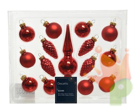 SET PALLINE DI NATALE PIGNE PUNTALE IN VETRO 15 PZ 13X3 CM