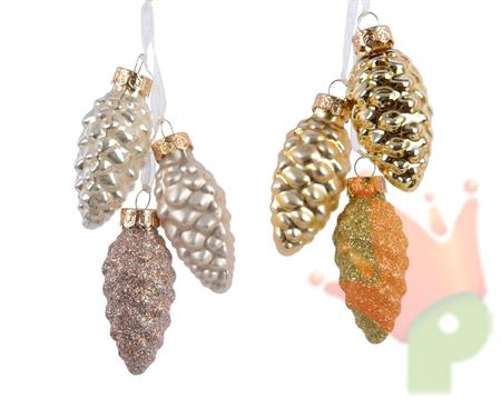 PENDENTI PIGNE IN VETRO 3 PZ ORO / PERLA 6X2,5 CM