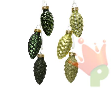 PENDENTI PIGNE IN VETRO 3 PZ VERDE 6X2,5 CM