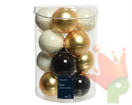 PALLINE DI NATALE ORO-BIANCO-NERO 8 CM CONFEZIONE 16 PZ
