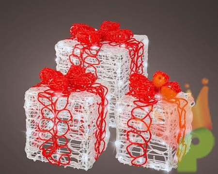 PACCO REGALO ACRILICO LUMINOSO 3 PZ BIANCO ROSSO 100 LED BIANCO