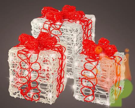 PACCO REGALO ACRILICO LUMINOSO 3 PZ BIANCO ROSSO 100 LED BIANCO
