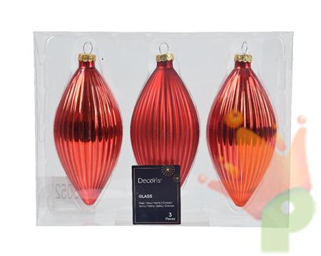 PENDENTI NATALIZI IN VETRO FORMA OLIVA ROSSO H.13 CM 3 PZ