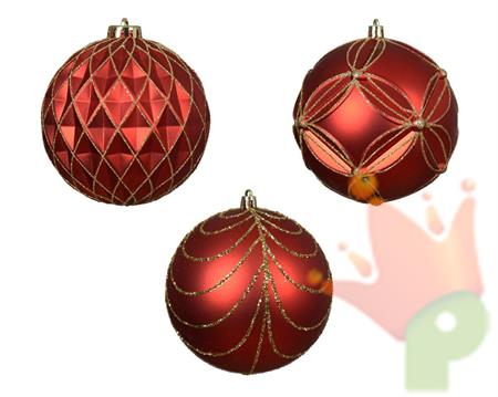PALLINA DI NATALE ROSSA GLITTER ORO 12CM 3 DECORI ASS
