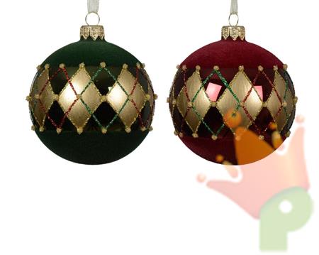 PALLINA DI NATALE VELLUTATA BORDEAUX/VERDE CON DECORI  8 CM 1PZ