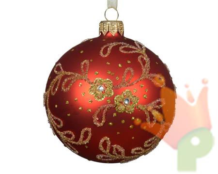 PALLINA DI NATALE ROSSA CON DECORO FIORI GLITTER ORO 8