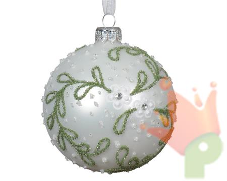 PALLINA DI NATALE BIANCO OPACO DECORO VERDE 8 CM