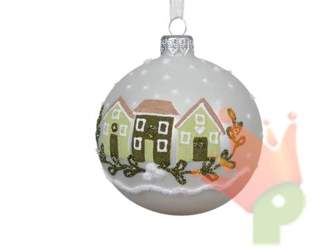 PALLINA DI NATALE BIANCO OPACO DECORO CASETTE 8 CM