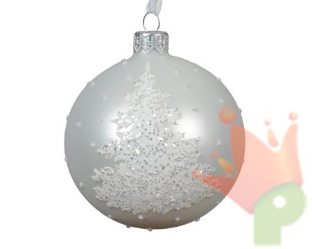 PALLINA DI NATALE BIANCO OPACO DECORO ALBERO GLITTER  8 CM