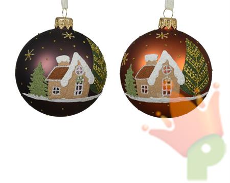 PALLINA DI NATALE MARRONE DECORO CASETTA  2 ASSORTITE 8 CM