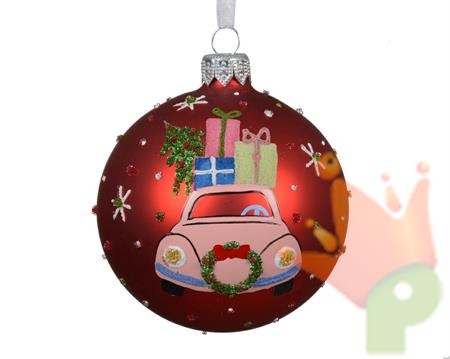 PALLINA DI NATALE ROSSO OPACO CON DECORO MACCHINA E RAGALI 8 CM