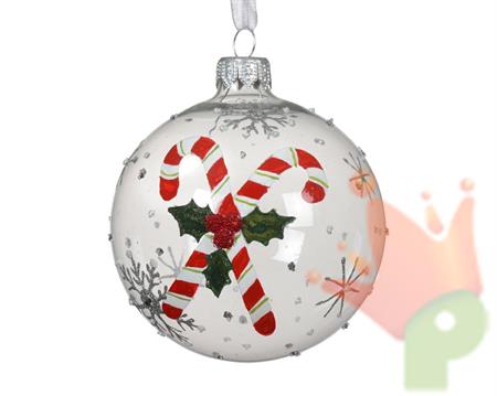 PALLINA DI NATALE TRASPARENTE DECORO CANDYCANE  8 CM