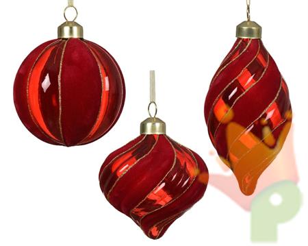 PALLINA DI NATALE ROSSO A STRISCE VELLUTATE 8 CM 3 ASS