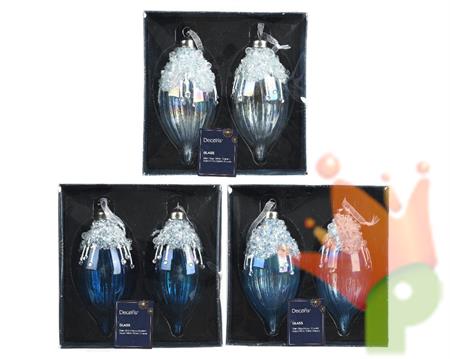PENDENTE FORMA OLIVA TRASPARENTE/BLU DECORATO H.13X6,5CM