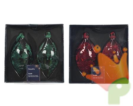 PALLINA DI NATALE FORMA OLIVA CON DECORI VELLUTATI ROSSO/VERDE