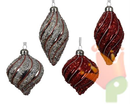 PALLINA DI NATALE FORMA CIPOLLA ARGENTO/ROSSO  4 ASS 8 CM