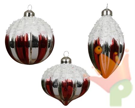PALLINA DI NATALE ROSSA CON DECORI BIANCHI 8 CM 3 ASS