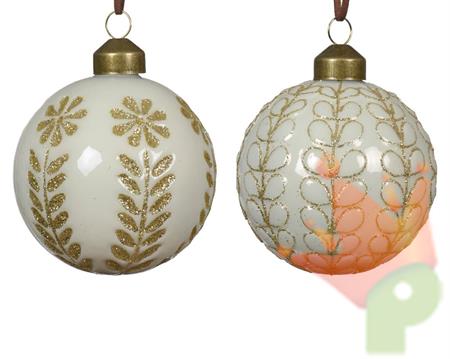 PALLINA DI NATALE BIANCO OPACA  DECORO ORO 2 ASS