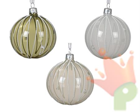 PALLINA DI NATALE VETRO TRASPARENTE LINEE GLITTER BIANCHE 8 CM