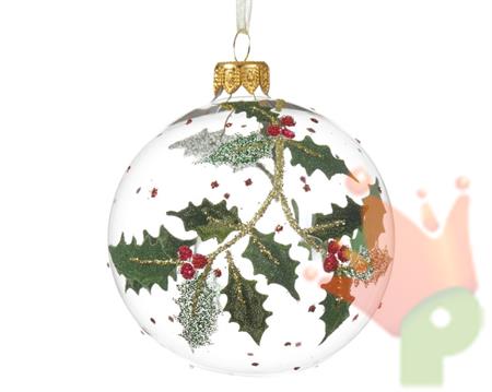 PALLINA DI NATALE TRASPARENTE DECORO AGRIFOGLIO 8CM
