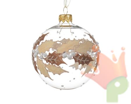 PALLINA DI NATALE TRASPARENTE DECORO AGRIFOGLIO MARRONE 8CM