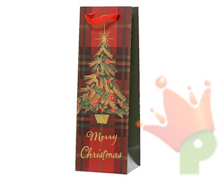BUSTA REGALO PORTABOTTIGLIA SCOZZESE  MERRY CHRISTMAS H.36X12X10