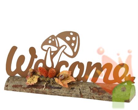 DECORAZIONE BASE IN LEGNO SCRITTA WELCOME FUNGHI H.13X30X5CM