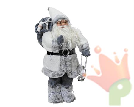 BABBO NATALE CON PELLICCIA BIANCA GRIGIA SACCO E LANTERNA H.45 C