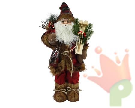BABBO NATALE CON CAPPOTTO ROSSO A QUADRI E PELLICCIA H.60 CM
