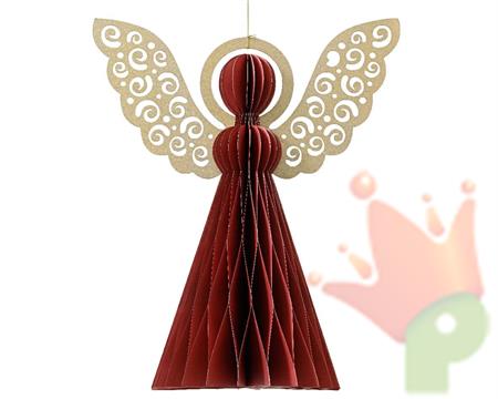 PENDENTE ANGELO IN CARTA NIDO D'APE ROSSO ALI ORO H.40X33,4CM