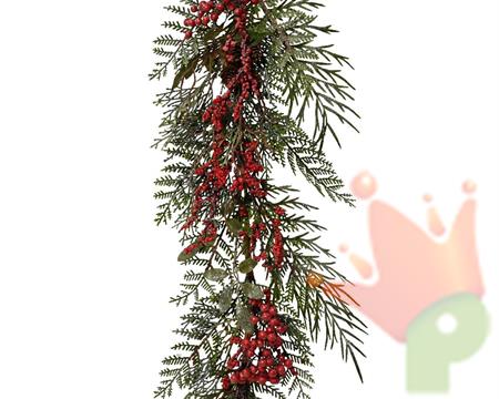 GHIRLANDA NATALIZIA CON BACCHE ROSSE GLITTERATE 180 CM