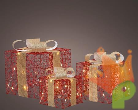 PACCHI REGALO LUMINOSI SET 3 PZ ROSSI FIOCCO ORO 15/20/30 LED BI