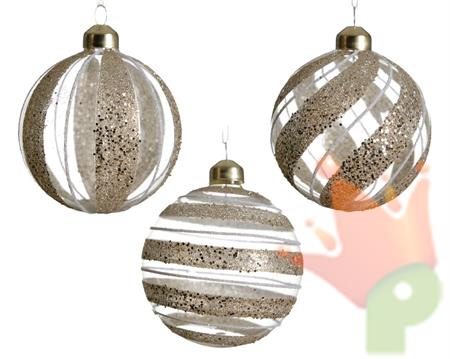 PALLINE TRASPARENTI IN VETRO DECORATO GLITTER 8 CM 1 PZ ASS.
