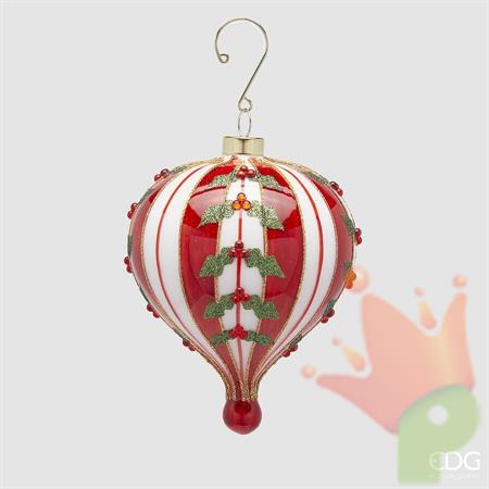 PALLINA DI NATALE VETRO TROTTOLA RIGHE ROSSE BIANCHE H.12X8,5CM