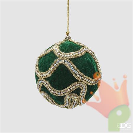 PALLINA DI NATALE IN VELLUTO VERDE DECORO ORO CON GEMME 10 CM