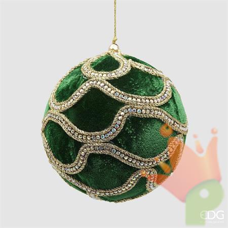PALLINA DI NATALE VELLUTO VERDE DECORO ORO CON GEMME 12 CM
