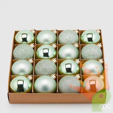 PALLINE DI NATALE VERDE SALVIA LUCIDE OPACHE GLITTER 16 PZ 6 CM