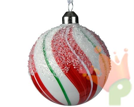 PALLINA PER ALBERO 8CM IN VETRO A RIGHE BIANCO/ROSSO/VERDE