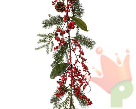 GHIRLANDA NATALIZIA DECORATA CON BACCHE ROSSE E PIGNE 176 CM