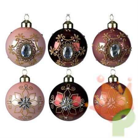 PALLINA DI NATALE ROSA/BORDEAUX/CIPRIA CON DECORI 8CM
