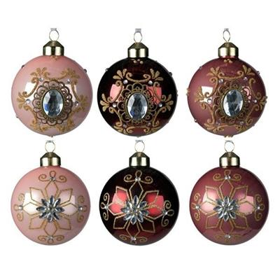 PALLINA DI NATALE ROSA/BORDEAUX/CIPRIA CON DECORI 8CM