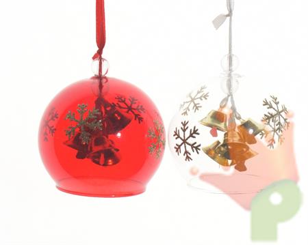 PALLINA VETRO CON CAMPANELLE ROSSA -TRASPARENTE 8 CM