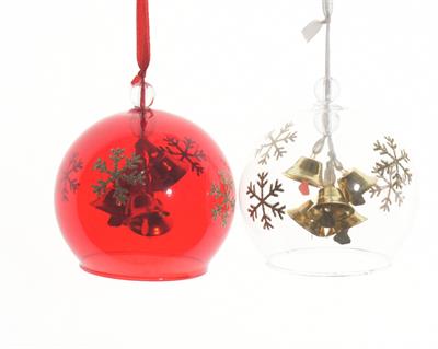 PALLINA VETRO CON CAMPANELLE ROSSA -TRASPARENTE 8 CM