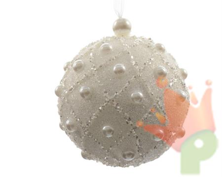 PALLINA PER ALBERO BIANCA GLITTER CON PERLE 8 CM